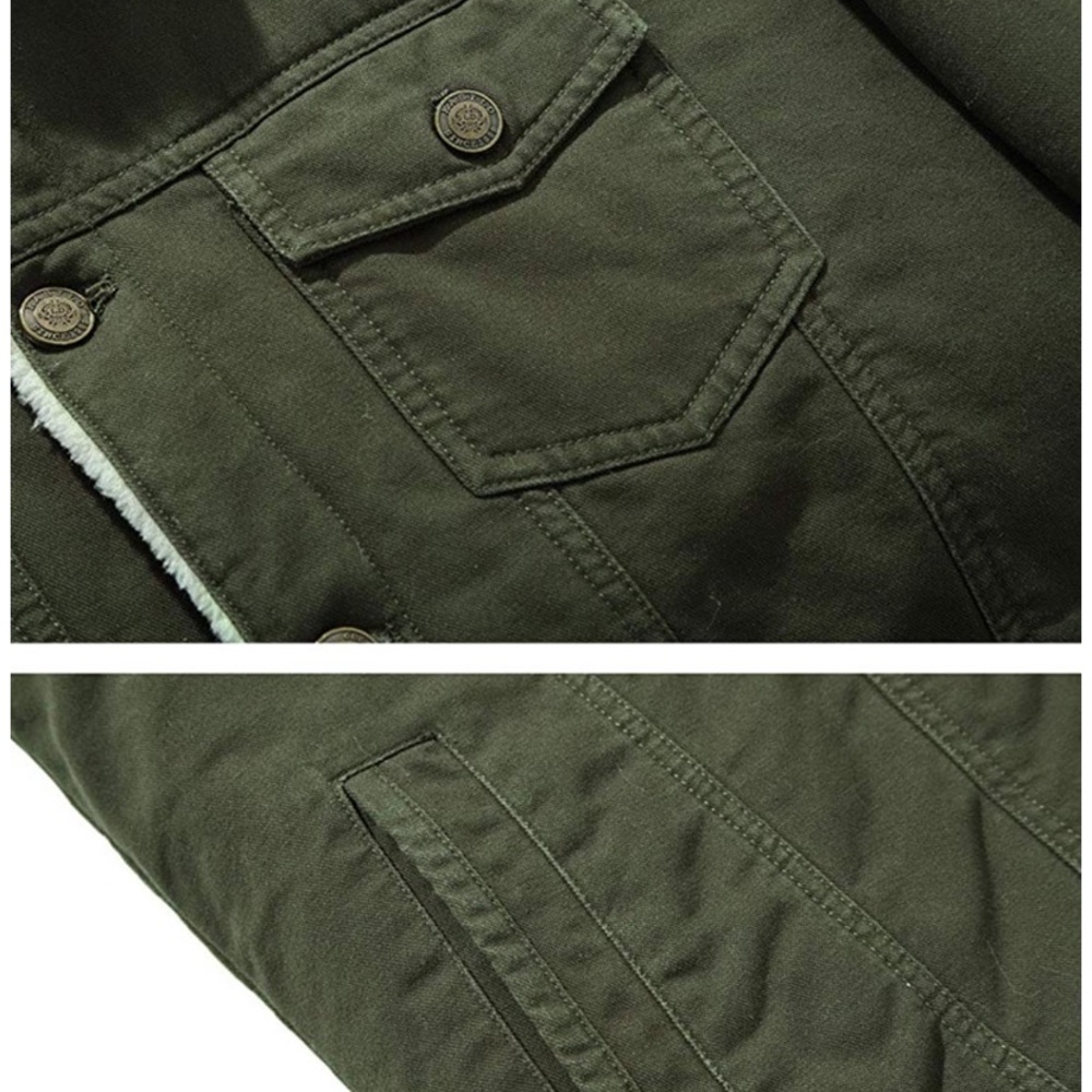 Army Green Button Up Sherpa Fleece Lined Denim - Picture 4 of 7